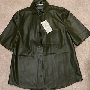 Faux leather green men short sleeves shirt